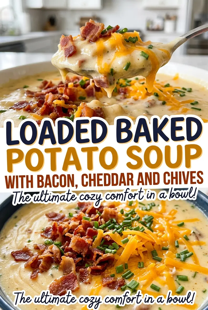 Loaded baked potato soup with bacon, cheddar, and chives, creamy and chunky