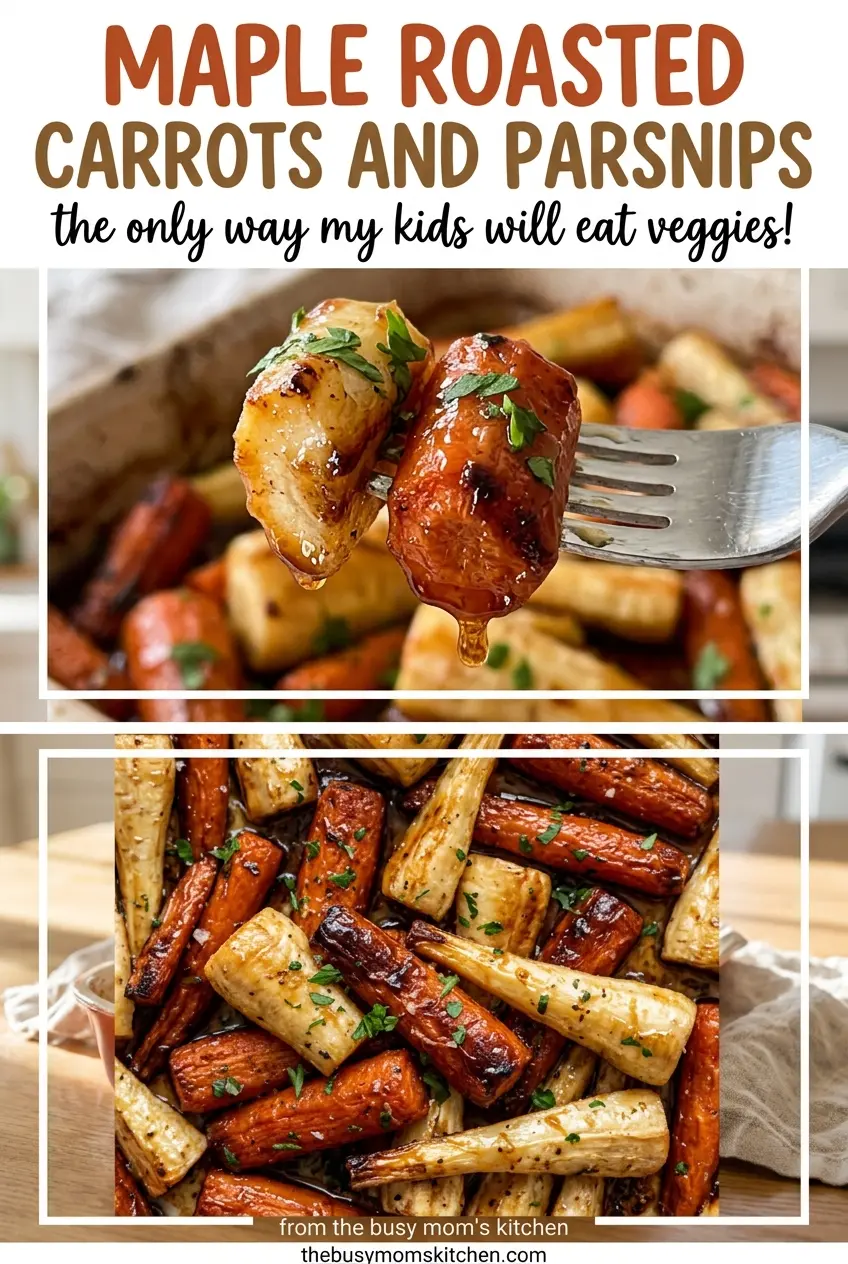 Maple roasted carrots and parsnips, tender glossy browned