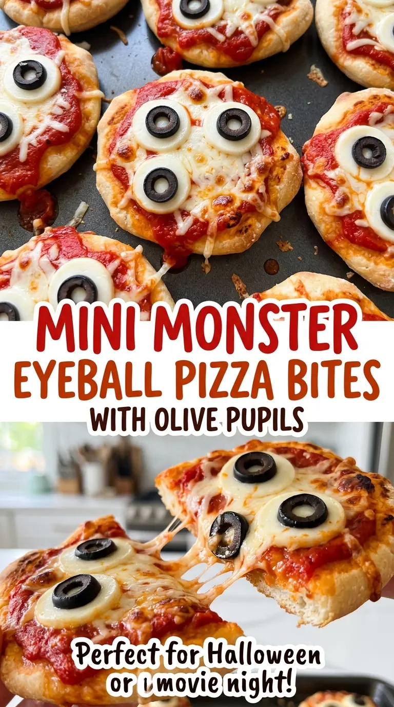 Mini Monster Eyeball Pizza Bites with Olive Pupils, bubbly and golden