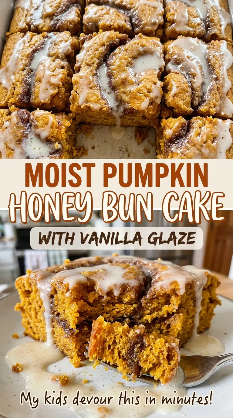 Moist Pumpkin Honey Bun Cake with Vanilla Glaze, soft crumb and cinnamon ribbon