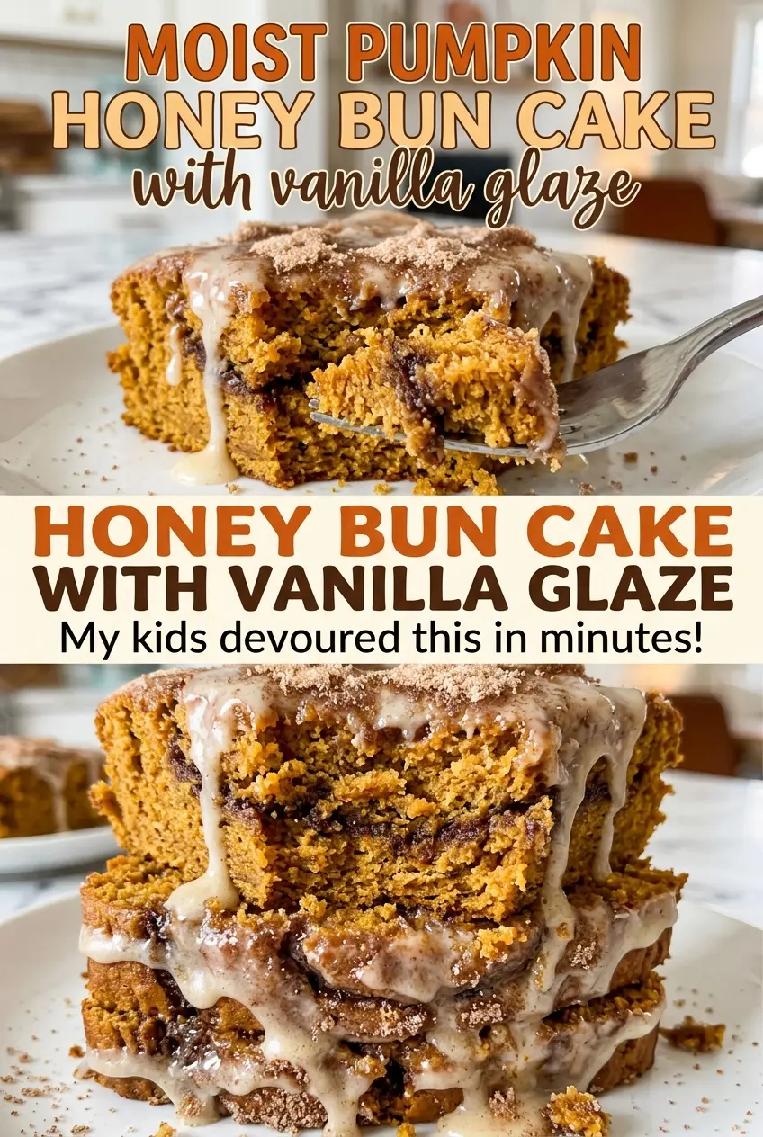 Moist Pumpkin Honey Bun Cake with Vanilla Glaze, cinnamon-swirled and tender