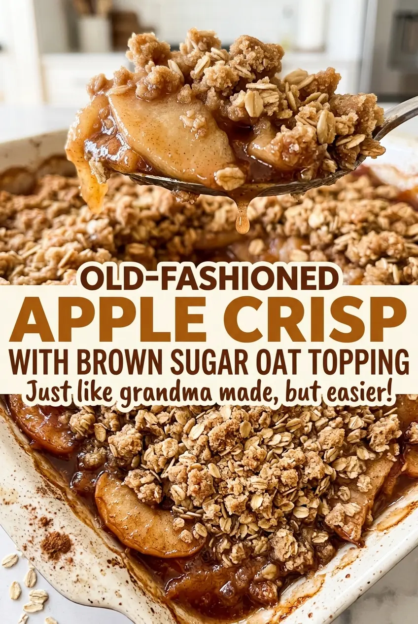 Old-Fashioned Apple Crisp with Brown Sugar Oat Topping, golden bubbling fruit