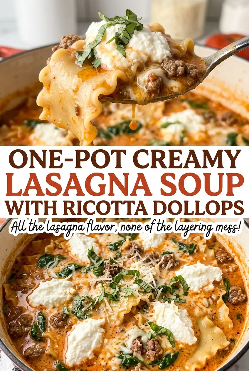 One-Pot Creamy Lasagna Soup with Ricotta Dollops, hearty tomato broth