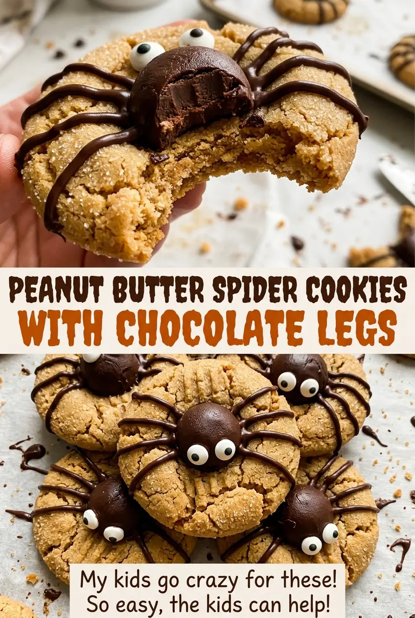 Peanut Butter Spider Cookies with Chocolate Legs, golden centers and piped legs