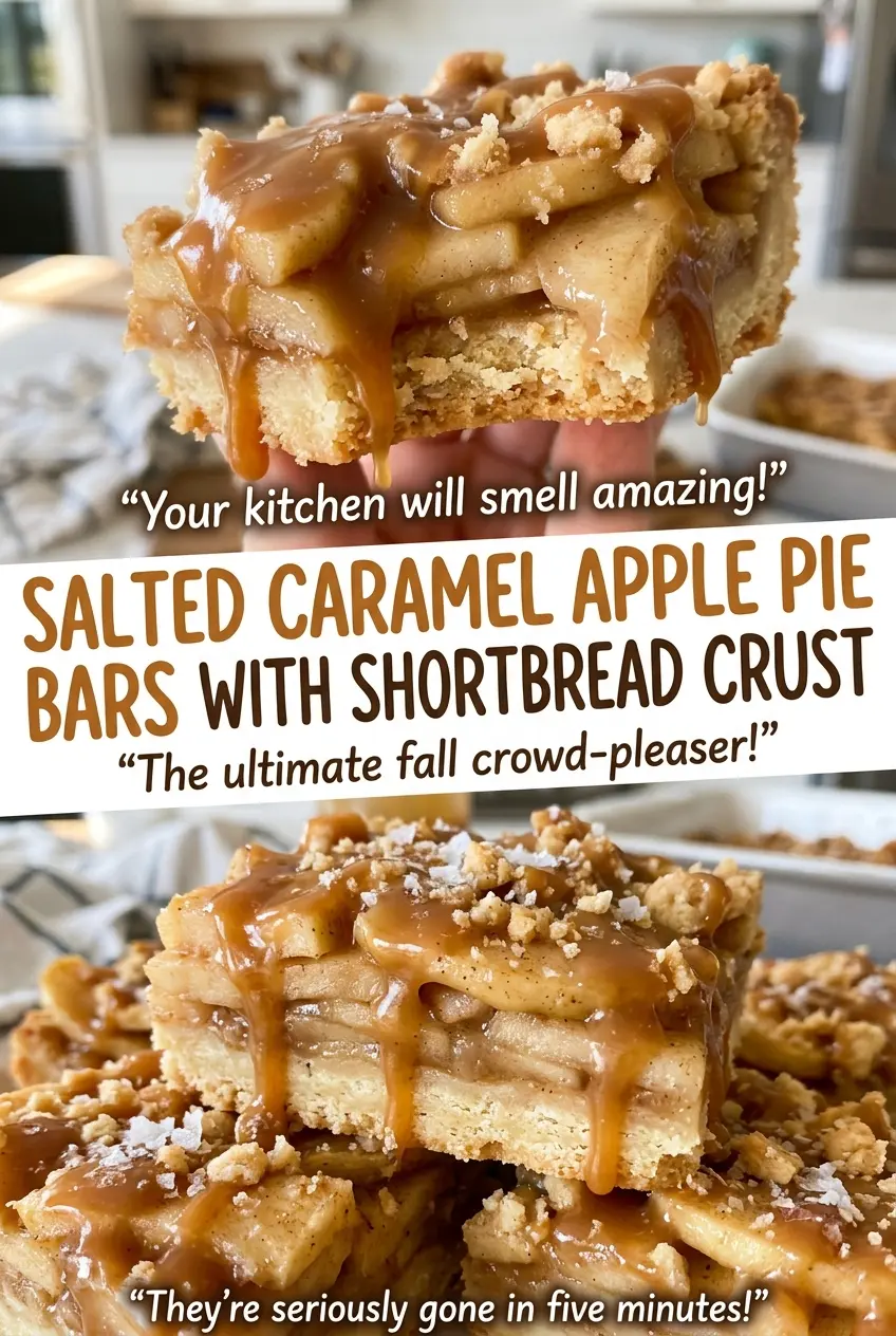 Salted caramel apple pie bars with golden cinnamon crumble