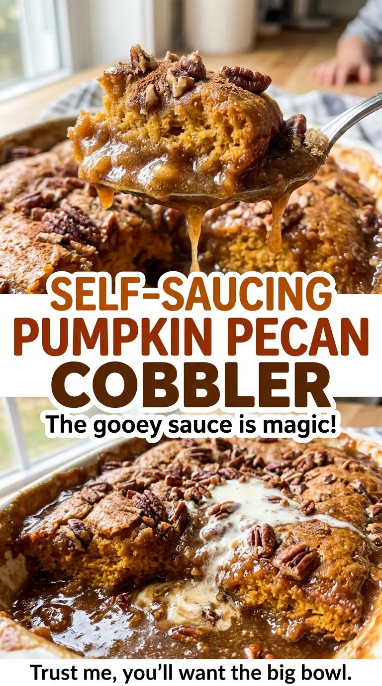 Self-Saucing Pumpkin Pecan Cobbler with cinnamon-spiced, saucy layers