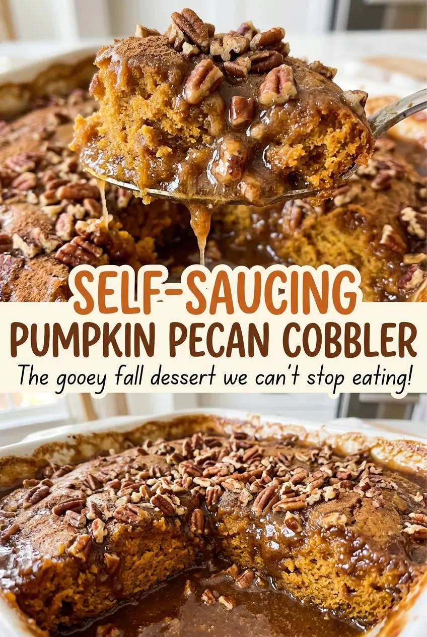 Self-Saucing Pumpkin Pecan Cobbler with a golden, bubbling top
