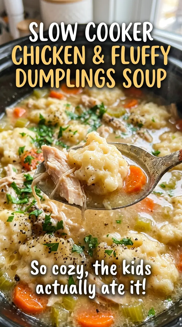 Slow Cooker Chicken and Fluffy Dumplings Soup tender fluffy dumplings