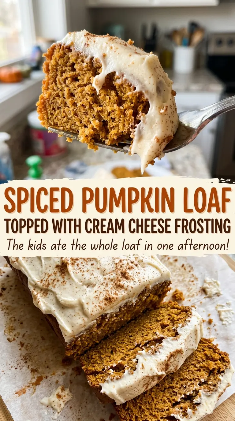 Spiced Pumpkin Loaf Topped with Cream Cheese Frosting, thick creamy frosting