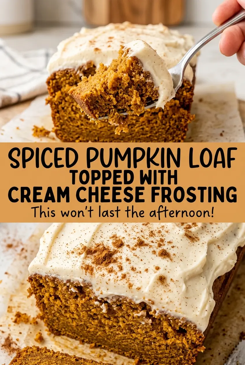 Spiced Pumpkin Loaf Topped with Cream Cheese Frosting, soft spiced loaf