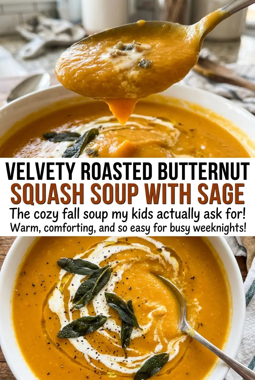 Velvety Roasted Butternut Squash Soup with Sage, smooth golden soup