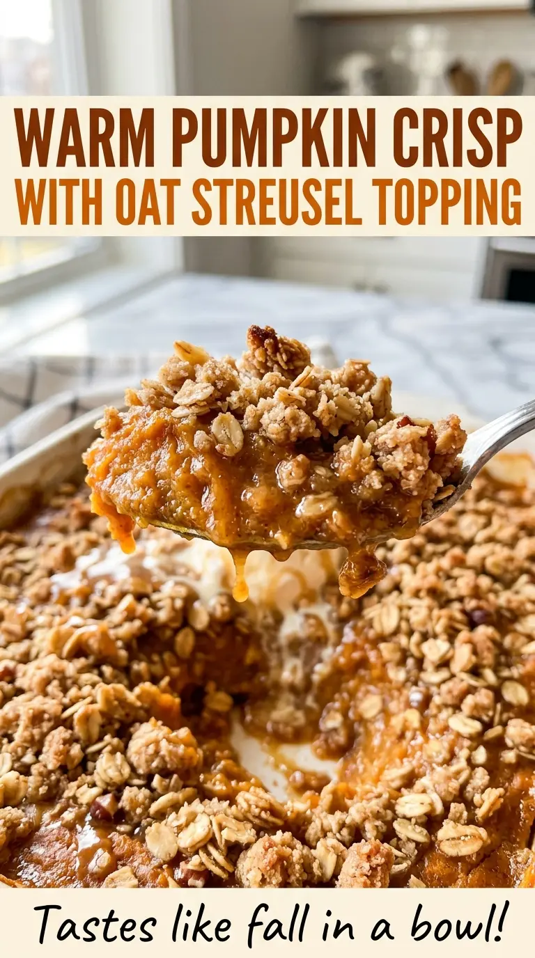 Warm Pumpkin Crisp with Oat Streusel Topping, smooth spiced filling
